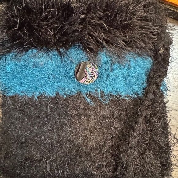 Handcrafted Black & Blue Fuzzy Crossbody Bag With Ornate Button Accent - Picture 7 of 7